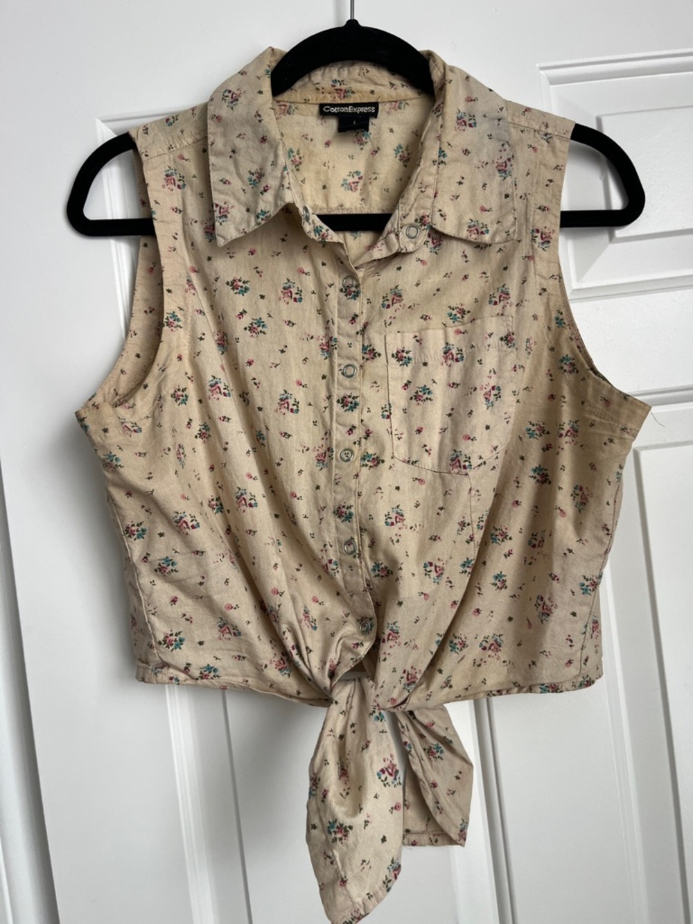 Cotton Express L Beige Floral Tie-Front Sleeveless Shirt